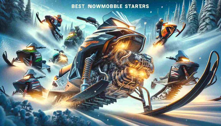 Dynamic montage of snowmobile starters in action amidst a snowy landscape, with snow flying around as the engines roar to life, set against a backdrop of snow-covered trees and mountains under a clear blue sky. The text 'Best Snowmobile Starters' is displayed at the top in bold, legible font.
