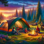 A family of four enjoys a camping experience in a spacious, waterproof tent at dusk. Surrounded by a grassy clearing and tall trees, they sit around a campfire roasting marshmallows. The sky is painted with hues of orange, pink, and purple. The tent, featured prominently in the background, displays a sturdy structure and ample size, with light rain droplets indicating its waterproof quality. The scene conveys a sense of adventure and comfort, ideal for family camping.