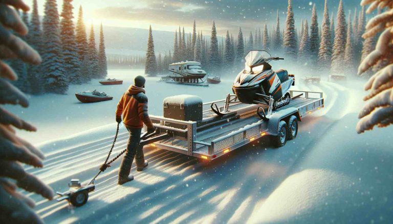 Snowmobile trailer being effortlessly maneuvered with a dolly by a person on a snowy path, surrounded by snow-covered trees, with text overlay 'The Ultimate Guide to Choosing and Using Snowmobile Trailer Dollies