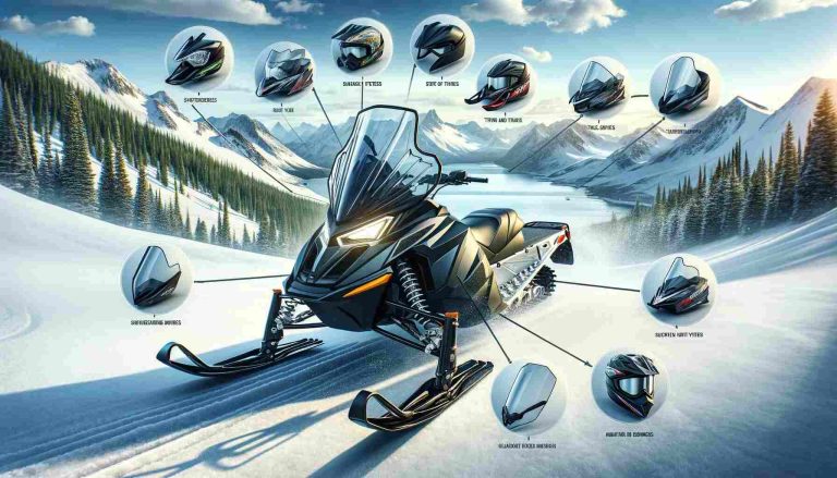 An informative featured image set against a snowy mountain landscape, showcasing a sleek snowmobile with a prominent crystal-clear windshield in the foreground. Surrounding the snowmobile are illustrations of various windshield types, highlighting different heights, tints, and shapes to indicate the customization options available. Annotations provide tips on choosing the right windshield for different riding conditions like racing, trail, or mountain riding, against a backdrop of a clear blue sky and white snow, emphasizing the excitement of snowmobiling and the importance of selecting the appropriate windshield for comfort, visibility, and protection.