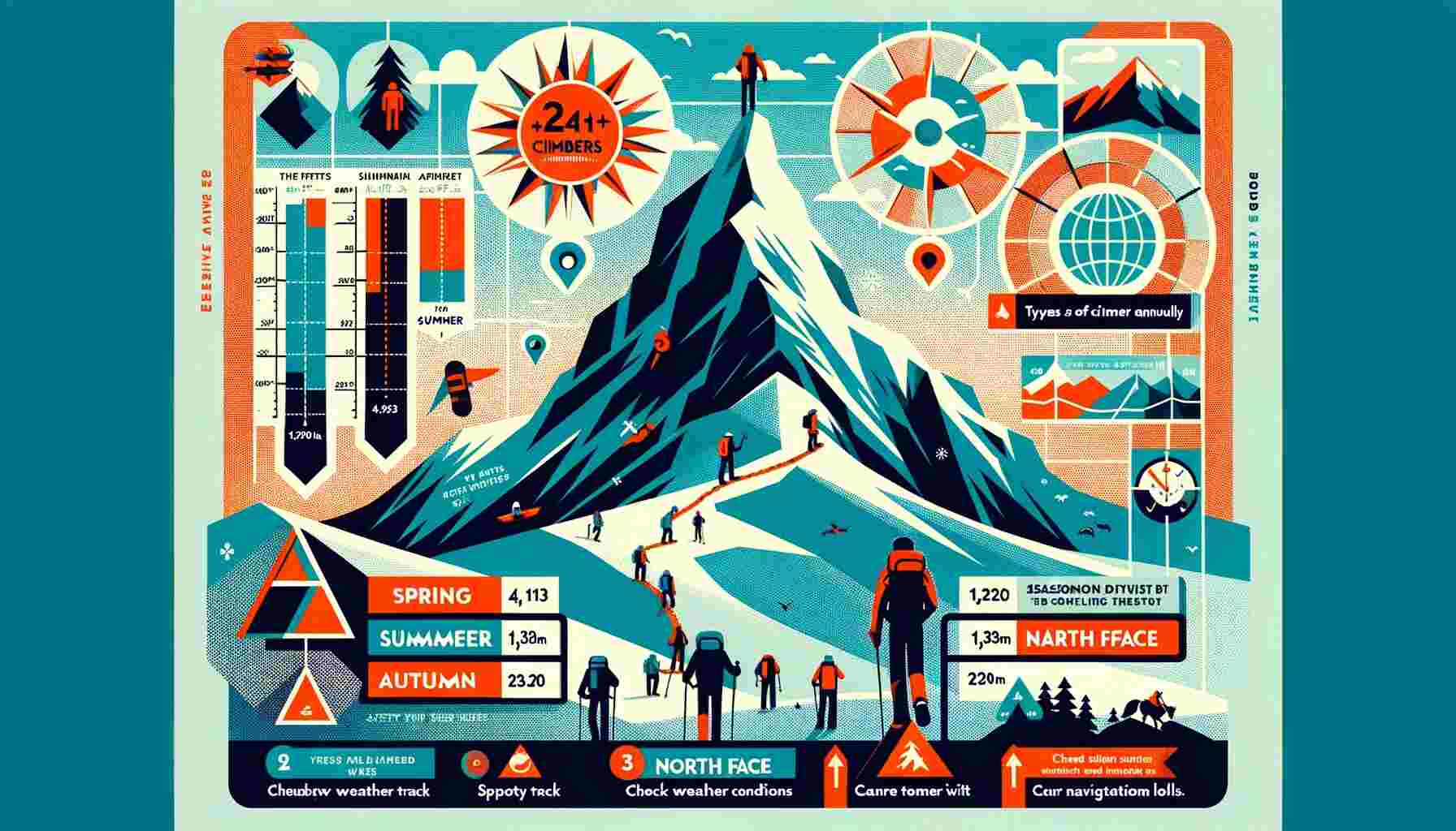 An infographic detailing the popularity and statistics of climbing Ben Nevis, featuring a stylized representation of the mountain at its height of 4,413 feet. The infographic includes a bar chart indicating that over 130,000 hikers climb annually, with icons illustrating the seasonal distribution of climbers and the different routes available, such as the Pony Track, CMD Arete, and North Face, categorized by difficulty. Safety tips are visually summarized with symbols for weather checks and navigational tools. The design employs vibrant colors, clear typography, and engaging visuals to educate viewers on climbing Ben Nevis.