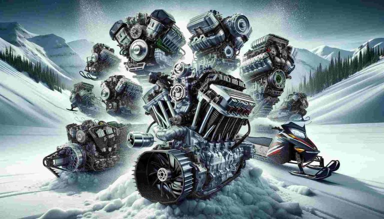 Assortment of high-performance snowmobile engines displayed against a snowy landscape, symbolizing adventure and technological excellence in winter sports