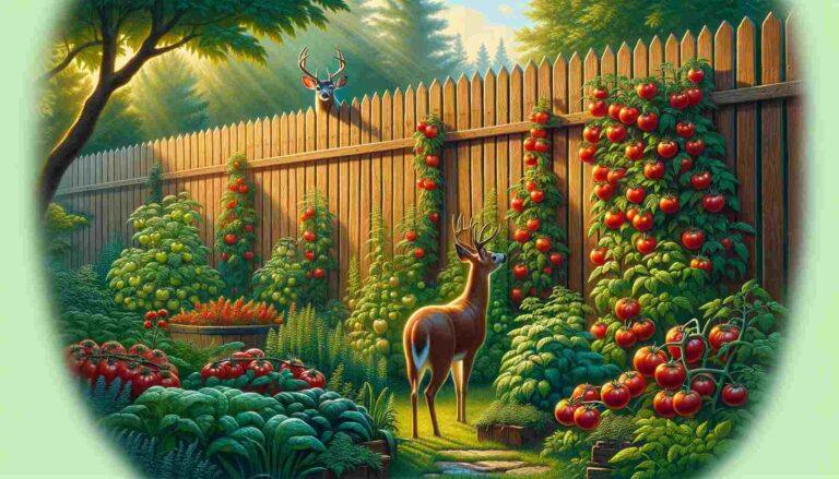 A vibrant garden filled with lush tomato plants behind a sturdy, high wooden fence, with a curious deer standing outside, looking over the barrier at the ripe tomatoes, unable to reach them. The scene captures the essence of protecting a vegetable garden from wildlife, showcasing the contrast between the natural curiosity of the deer and the effective garden defenses.