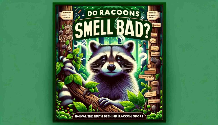 A curious raccoon peering out from behind a tree in a vibrant, green forest, with question marks and subtle scent trails overlaying the image to suggest inquiry into the raccoon's odor, without implying negativity.