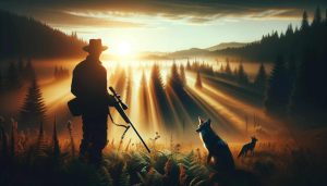 A wide, dramatic image showcasing an early morning hunting scene in the countryside, with soft sunlight filtering through the trees. The silhouette of a hunter holding a rifle is prominently in the foreground, attentively scanning the horizon. Subtle figures of coyotes blend into their natural habitat, illustrating the stealth needed for hunting. The scene embodies the essence of hunting—patience, skill, and a profound respect for nature.