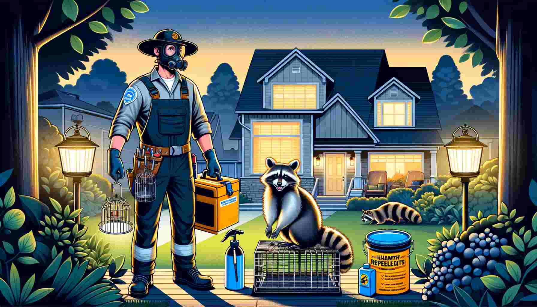 Professional pest control expert in uniform setting up humane traps and using non-harmful repellents in a suburban garden at dusk to deter raccoons, with a residential home in the background, conveying a sense of efficiency and humane wildlife treatment.