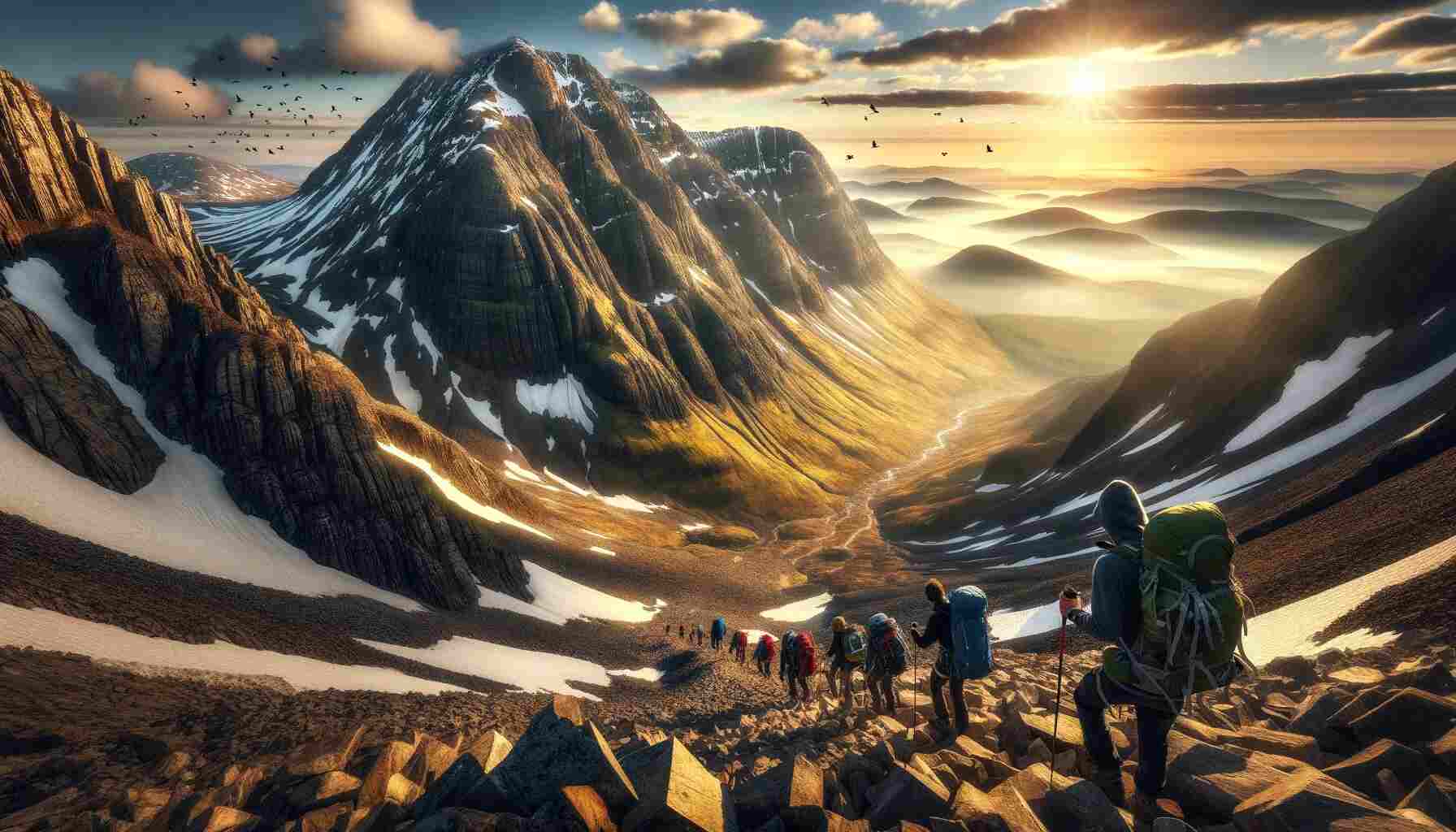 Group of hikers embarking on a challenging ascent of Ben Nevis, Scotland, with steep rocky paths and snow-capped peaks under a golden sunrise, highlighting the rugged beauty of the Scottish Highlands.