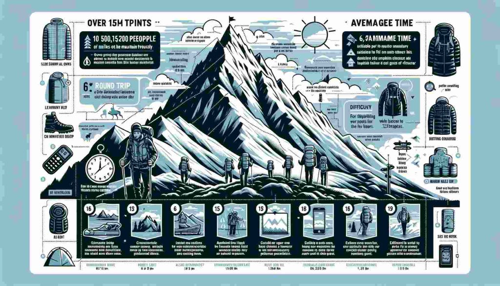 This infographic provides a comprehensive guide to climbing Ben Nevis, the highest mountain in the UK. It features large, clear text and visually appealing graphics. Key information includes: Over 150,000 people ascend annually, the preferred route being the 16 km (10 miles) round trip on the Mountain Track, also known as the Pony Track. The average time to complete the climb is stated as 6-9 hours, with an elevation gain of 1,352 meters (4,436 feet). The difficulty level is moderate, making it suitable for fit amateur hikers. It is likened to climbing 6,725 steps or about 700 flights of stairs. The infographic emphasizes the importance of checking weather forecasts and carrying proper gear, including waterproof clothing, hiking boots, and navigation tools. It also suggests the option of hiring a guide for less experienced hikers. Visual elements like icons and illustrations represent hiking activities, the mountain, various weather conditions, and essential hiking gear.