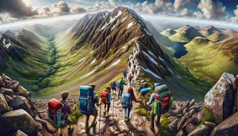 The image depicts a breathtaking view of Ben Nevis, the highest mountain in the British Isles, under a clear blue sky. In the foreground, a group of hikers is seen embarking on the challenging ascent, equipped with backpacks and walking poles. The rugged terrain of the mountain is highlighted, with its steep slopes and rocky paths.