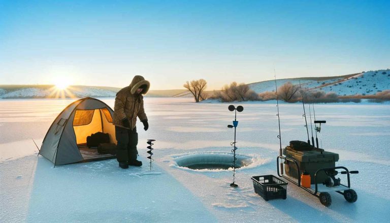 A winter dawn scene on a frozen lake with an ice fisherman setting up a portable shelter, surrounded by fishing gear such as a manual ice auger, sled, tip-up device, and a rod next to an ice hole, under a golden sunrise.