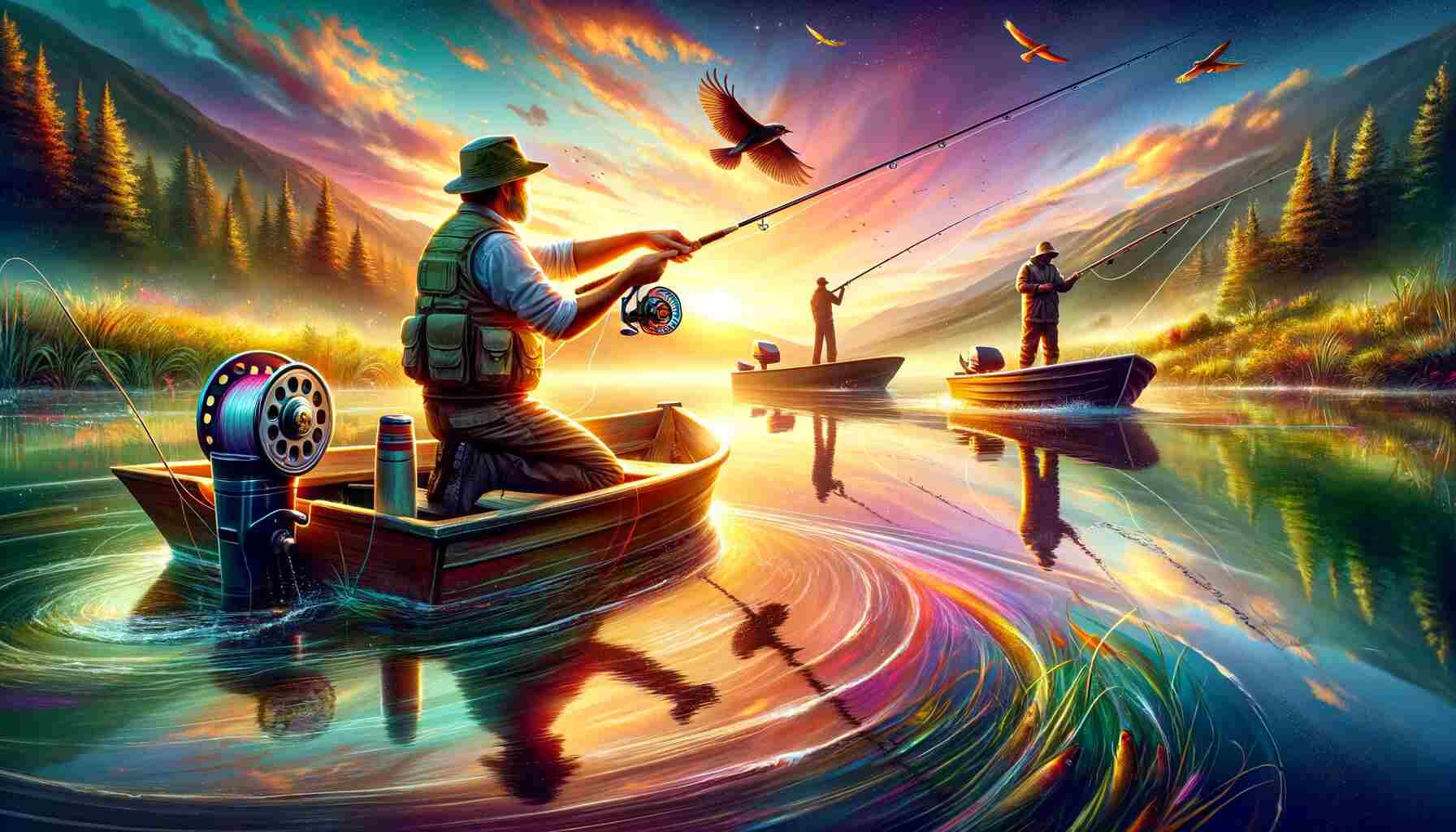 Serene sunrise over a lake with anglers engaged in various fishing techniques: fly fishing in the foreground, spinning fishing to the side, and baitcasting from a small boat in the background, reflecting the diverse appeal of fishing