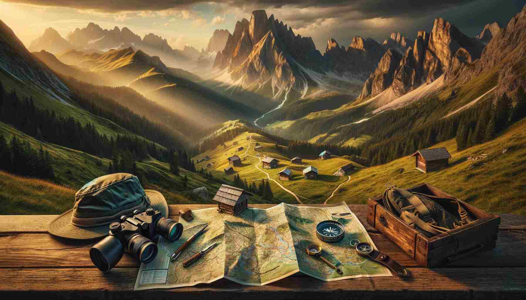 Panoramic view of a mountain range with lush greenery and rugged peaks. In the foreground, a wooden table holds an unfurled map, a compass, a hiking hat, and a pair of binoculars, symbolizing the planning of a hiking adventure. In the distance, small huts are visible along a winding trail in the mountains, suggesting a hut-to-hut hiking route. The scene is illuminated by the golden light of early morning, evoking a sense of adventure and exploration.