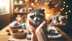 A heartwarming scene of a human hand gently holding a small, adorable raccoon in a cozy, welcoming environment. The background features soft lighting, a small bowl of food, a soft bed, and toys, symbolizing the care and preparation involved in adopting and caring for a raccoon.