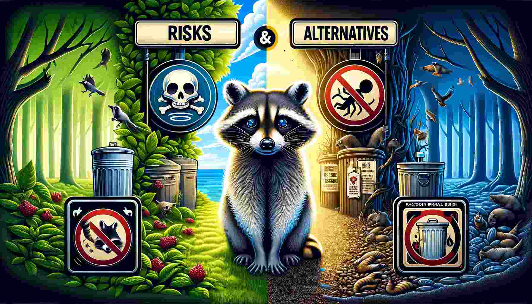 A split-scene image showcasing the contrast between wildlife preservation and the risks of using poison. On the left, a healthy raccoon explores a lush, natural environment, symbolizing the importance of protecting wildlife. On the right, visual warning symbols, including a skull and crossbones, caution against the use of poison, while icons of secure trash cans and wildlife-friendly deterrents offer safer alternatives. The image serves as a call to action for humane solutions to human-wildlife conflicts, emphasizing caution and responsibility.