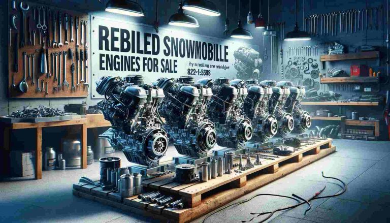 Rebuilt snowmobile engines on display in a well-organized workshop, highlighting quality and craftsmanship, with 'Rebuilt Snowmobile Engines for Sale' text overlay.