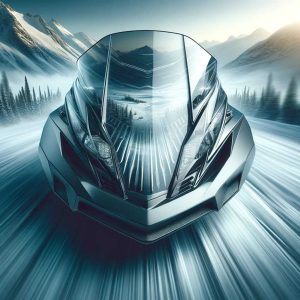 A detailed image showcasing a high-quality snowmobile windshield with sleek lines and an aerodynamic shape, designed for high-speed snowmobiling. The windshield is made of durable, clear material, with reflections of snowy landscapes and mountainous terrain, indicating its effectiveness in various weather conditions. The background features a subtle, abstract representation of speed and snow, with blurred lines and patterns to convey a sense of movement and the challenging environments snowmobiles face, appealing to enthusiasts seeking performance and protection.