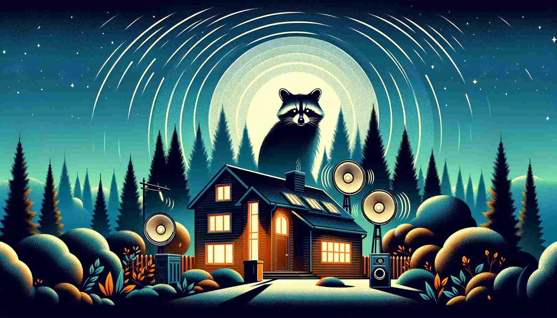 An informative featured image showcasing a comprehensive guide on using sounds to scare raccoons away, depicting speakers set in a natural outdoor environment under a night sky, with the silhouette of a raccoon in the distance, illustrating the innovative blend of technology and nature for wildlife deterrence.