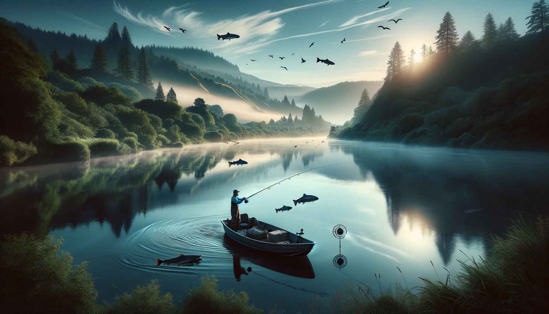 An early morning scene on the Willamette River features a fisherman in a boat casting a line into the calm waters, surrounded by lush greenery and distant hills shrouded in mist, with birds flying low, reflecting the tranquility of fishing for steelhead.