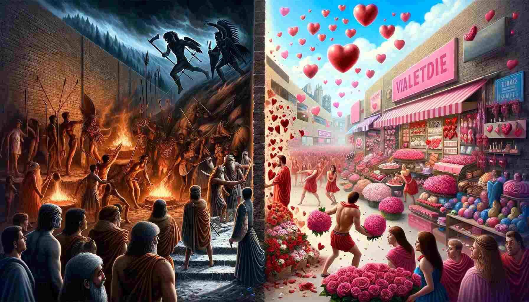 A conceptual image split between the ancient Roman festival of Lupercalia and the modern commercialization of Valentine's Day. The left side portrays the Lupercalia festival with a darker, rustic ambiance, featuring men in ancient Roman attire performing rituals. The right side is brightly colored in pink and red, showcasing an abundance of Valentine's Day merchandise such as roses, chocolates, and heart-shaped balloons against a backdrop of retail stores, highlighting the contrast between the holiday's origins and its contemporary commercialized celebration.