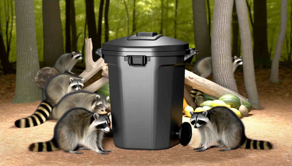 A sleek and modern garbage can designed to be raccoon-proof, set against a natural backdrop to signify its effectiveness in outdoor environments. 