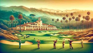 Wide landscape image of The Riviera Country Club, showcasing its elegant clubhouse and lush golf course with rolling hills, palm trees, and golfers from different eras under a bright California sky, symbolizing the club's rich history and modern relevance.