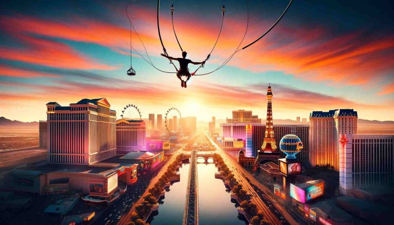 Silhouette of a person bungee jumping with the Las Vegas skyline at sunset, featuring landmarks like the Eiffel Tower at Paris Las Vegas and the High Roller Ferris wheel, symbolizing the thrill of adventure in the vibrant city.