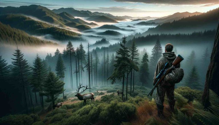 A hunter in camouflage stands on a high vantage point overlooking the dense, misty forests of Oregon's Coast Range at dawn. The early morning light casts a soft glow over the landscape, highlighting a majestic elk grazing in a distant clearing. This scene captures the thrill of elk hunting and the challenging beauty of navigating the vast wilderness.