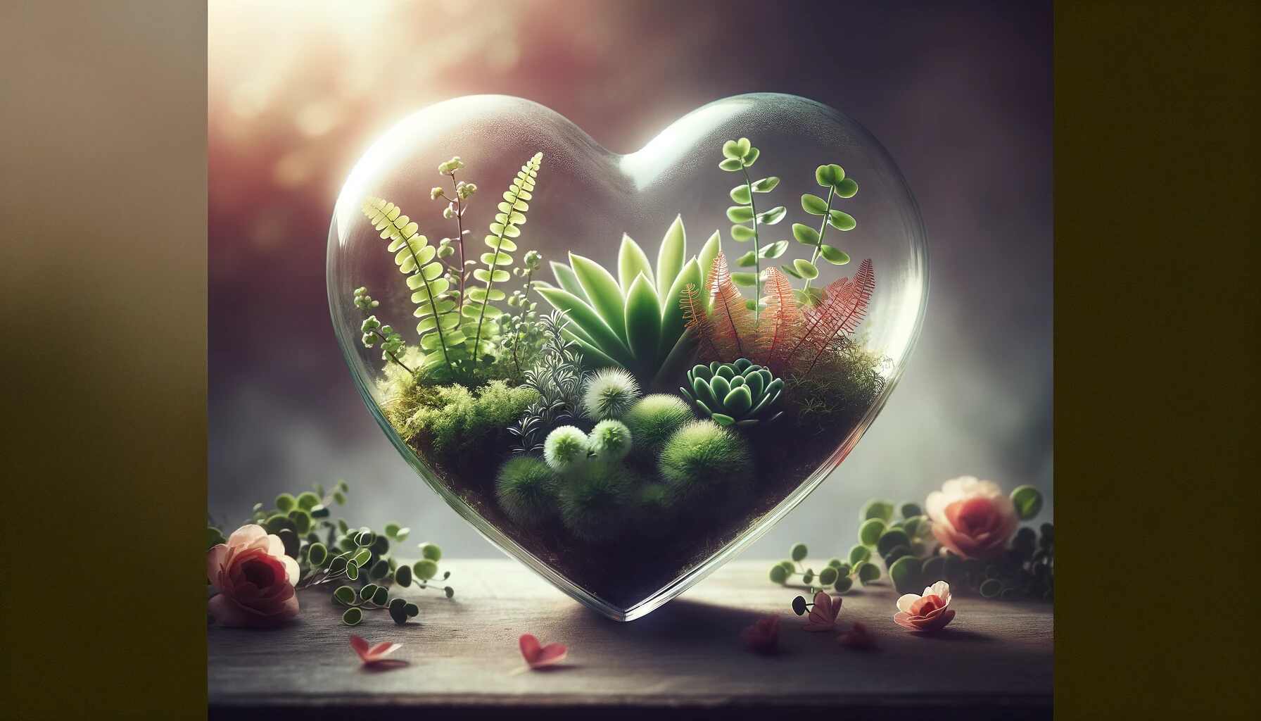 A heart-shaped glass terrarium filled with lush tiny plants, including ferns, mosses, and fittonia, symbolizing love and care for Valentine's Day.