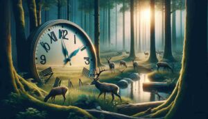 A serene dawn in a lush forest, with several deer grazing peacefully among the trees. A clock is subtly integrated into the scene, symbolizing the timing aspect of deer feeding habits. The image conveys tranquility and the natural beauty of wildlife, inviting readers to learn about the importance of understanding deer feeding times.