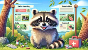 An educational illustration featuring a raccoon in a natural setting, subtly indicating the potential for bites. The image includes symbols of prevention, such as a fence and warning sign, and treatment, like a first aid kit, to educate viewers on handling raccoon encounters safely.