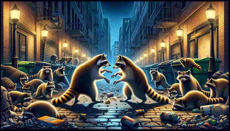 This is image captures a pair of raccoons in a nocturnal urban setting, highlighting their confrontation and the essence of their communication within a human environment.