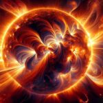 An illustration of the Sun unleashing a powerful solar flare and a massive Coronal Mass Ejection (CME) into space, highlighting the intense magnetic energy and fiery loops of plasma against the dark void of space.