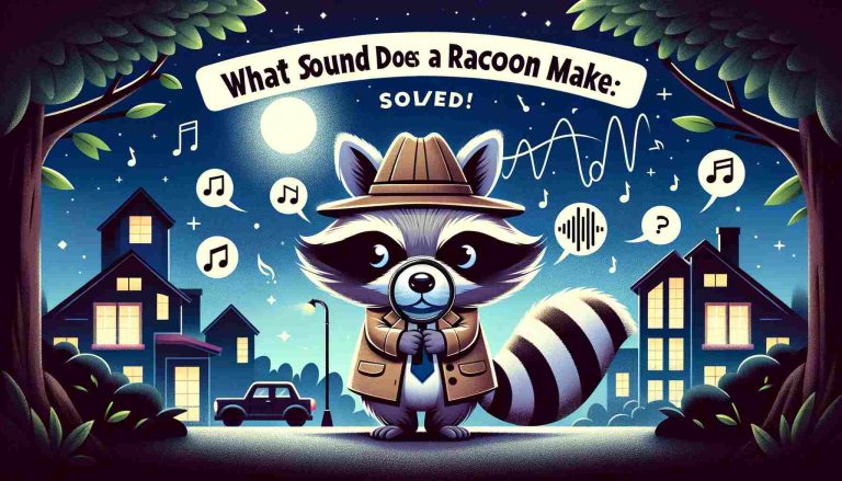 An image showcasing a cartoon raccoon in a detective outfit, investigating the sounds raccoons make, set against a nighttime background.