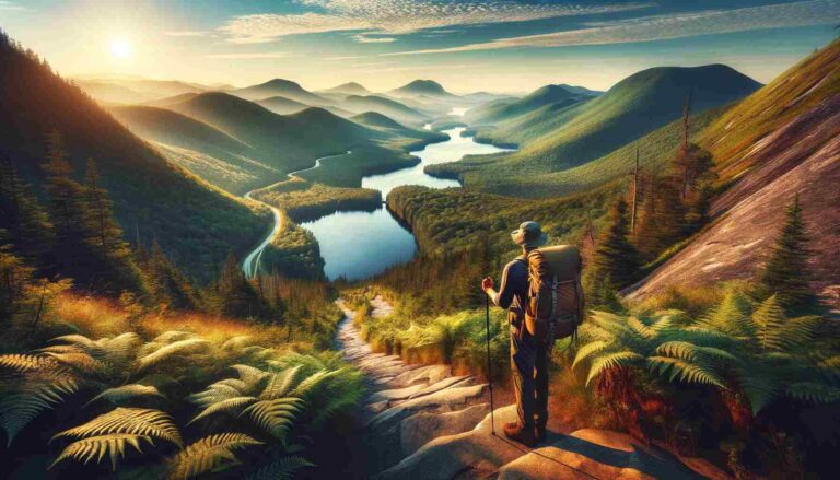 An early morning view of the Appalachian Trail with a hiker standing in the foreground, looking out over the trail as it winds through dense forests, serene lakes, and majestic mountains under a golden sunrise, symbolizing adventure and connection to nature.