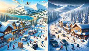 A split-scene image showcasing the dual impact of winter across the Western US: on one side, a vibrant ski resort with people enjoying snow sports against a backdrop of snow-capped mountains and clear skies; on the other, a community facing severe winter weather, with emergency vehicles on snow-covered streets and residents shoveling driveways, highlighting resilience amidst hardship.
