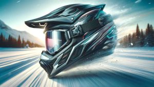 Cutting-edge snowmobile helmet with aerodynamic design, advanced safety features, and high-contrast color scheme for visibility, set against a blurred winter landscape.