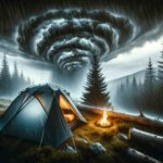 A sturdy camping tent stands resilient amidst a heavy rainstorm in a dense forest. Dark, swirling clouds loom overhead, with rain visibly pelting down. The tent, illuminated by the warm glow of a nearby campfire, contrasts sharply against the stormy, wind-bent trees surrounding it, evoking a sense of adventure and the challenge of nature