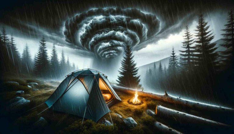 A sturdy camping tent stands resilient amidst a heavy rainstorm in a dense forest. Dark, swirling clouds loom overhead, with rain visibly pelting down. The tent, illuminated by the warm glow of a nearby campfire, contrasts sharply against the stormy, wind-bent trees surrounding it, evoking a sense of adventure and the challenge of nature