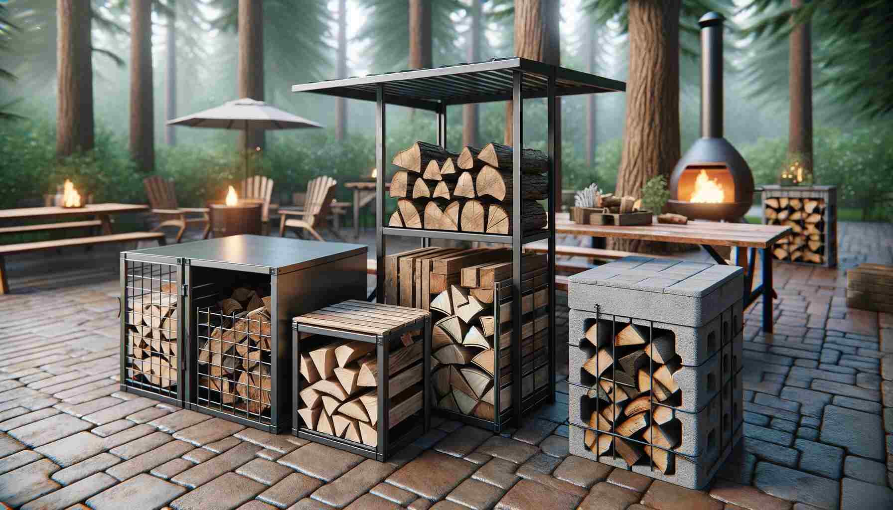 Variety of outdoor firewood racks, including a steel rack with a cover, a wooden pallet rack, and a cinder block and plank rack, neatly stacked with firewood in a rustic outdoor setting with trees and a cozy fire pit area.