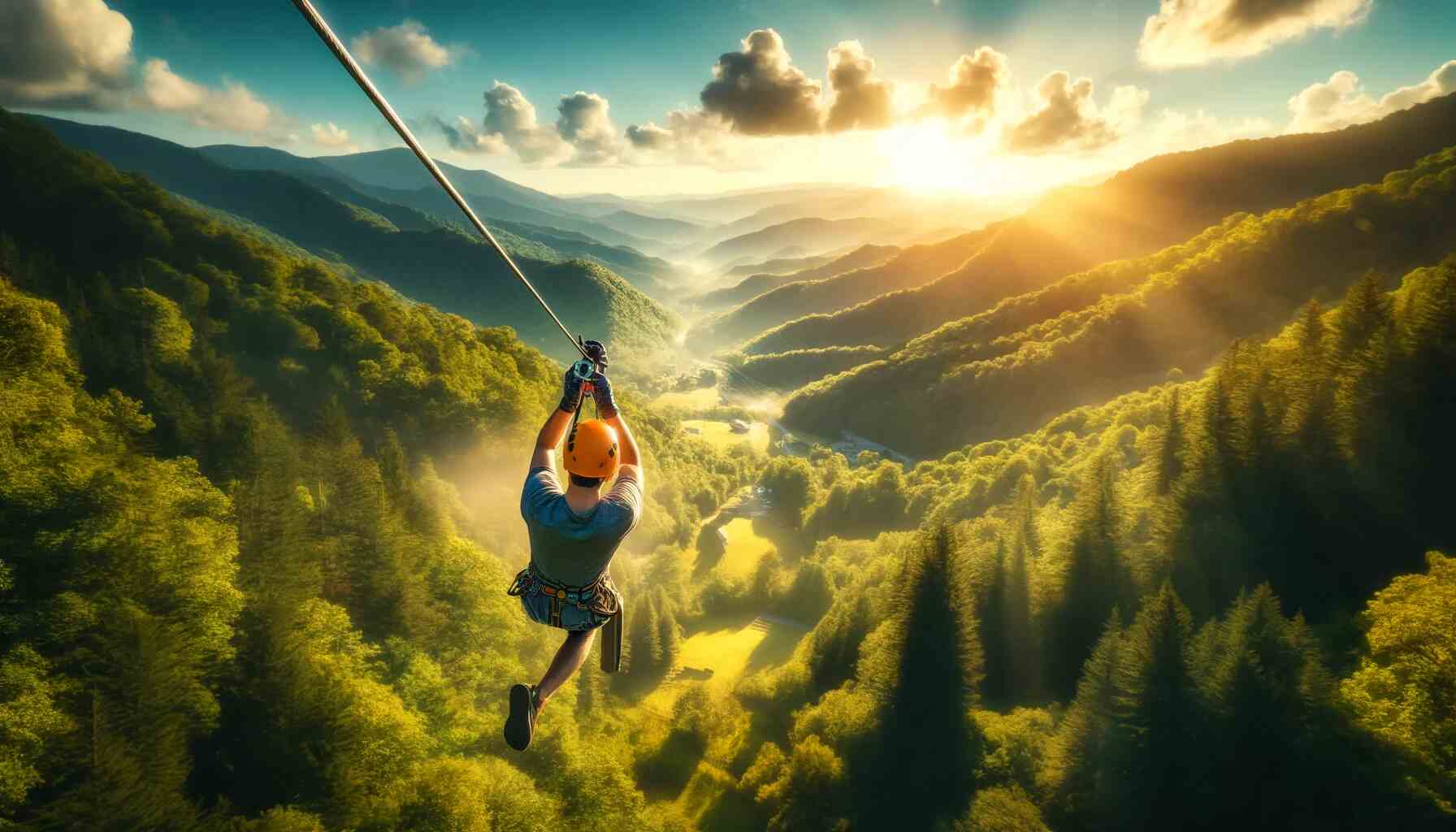 A person ziplining in the Smoky Mountains, surrounded by lush green forests and a stunning mountain backdrop under a clear, sunny sky. The person is wearing safety gear, including a helmet and harness, and is smiling, showcasing the excitement and thrill of the adventure.