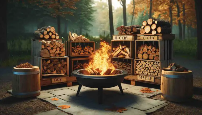 A cozy outdoor fire pit setting with a bright, crackling fire burning in the center. Surrounding the fire pit are neatly stacked logs of various types of firewood, including oak, hickory, maple, and birch, each labeled for identification. The background features a tranquil forest with autumn leaves, adding to the warm and inviting ambiance.