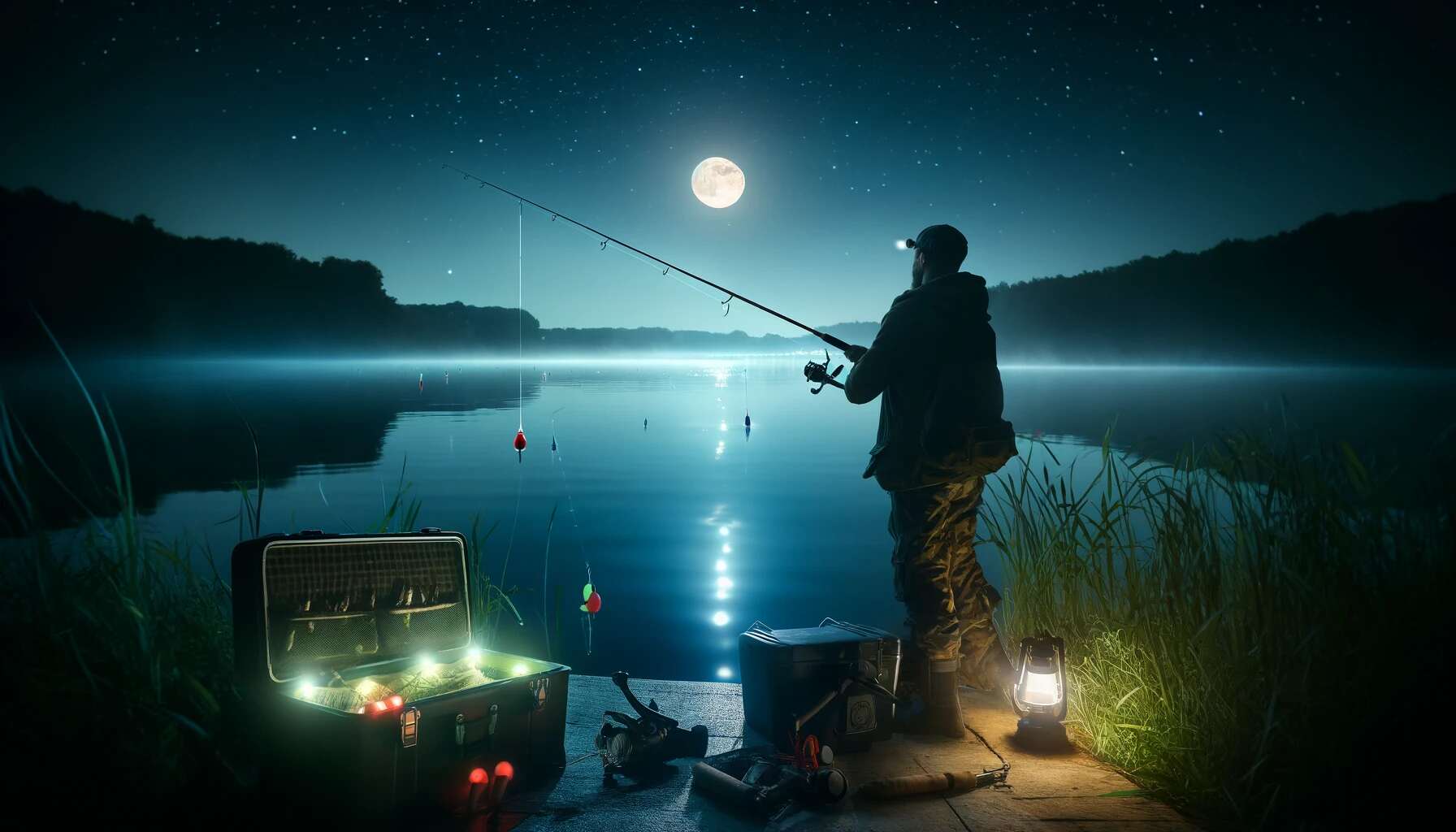 Angler night fishing on a quiet lake with glow-in-the-dark bobbers and a headlamp illuminating the area. The full moon and stars are visible, reflecting on the calm water. Fishing gear, including rods and tackle boxes, is nearby, creating a peaceful and inviting atmosphere