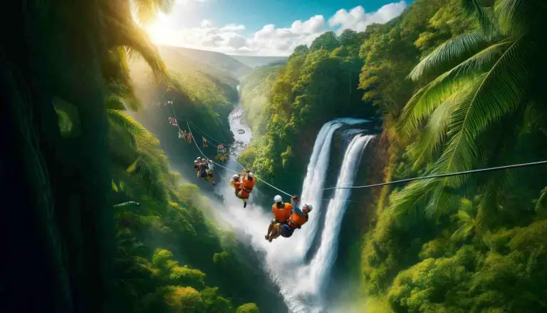 Adventurers soaring over the stunning Umauma Falls on a zipline, surrounded by lush, vibrant tropical rainforests and cascading waterfalls under a clear blue sky.