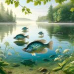 Serene lake scene with crappie fish swimming near the surface, surrounded by lush greenery and blooming wildflowers, highlighted by the soft morning light reflecting on the water.