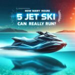 A sleek and modern jet ski glides across clear blue water at sunset, capturing the essence of speed, excitement, and adventure. Bold overlay text reads: "How Many Hours Can a Jet Ski Really Run?"