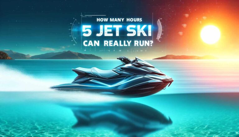 A sleek and modern jet ski glides across clear blue water at sunset, capturing the essence of speed, excitement, and adventure. Bold overlay text reads: "How Many Hours Can a Jet Ski Really Run?"