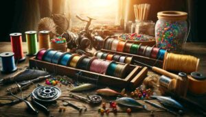A vibrant featured image displaying different types of fishing lines (monofilament, fluorocarbon, braided, copolymer) on a rustic wooden table surrounded by fishing gear like reels, hooks, and lures, bathed in warm natural light, conveying a serene fishing atmosphere.