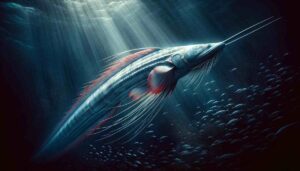 An image of a giant oarfish swimming gracefully in the deep sea, its long, ribbon-like body shimmering in silvery hues with bright red dorsal fin rays and oar-like pelvic appendages, surrounded by the dark blue ocean depths with faint light filtering down.