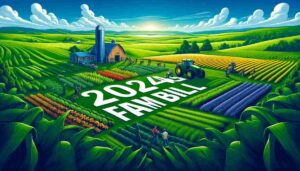 A Vibrant image of a sustainable farm under a clear blue sky, showcasing the '2024 U.S. Farm Bill', with diverse crops, a modern tractor, and farmers discussing near a barn