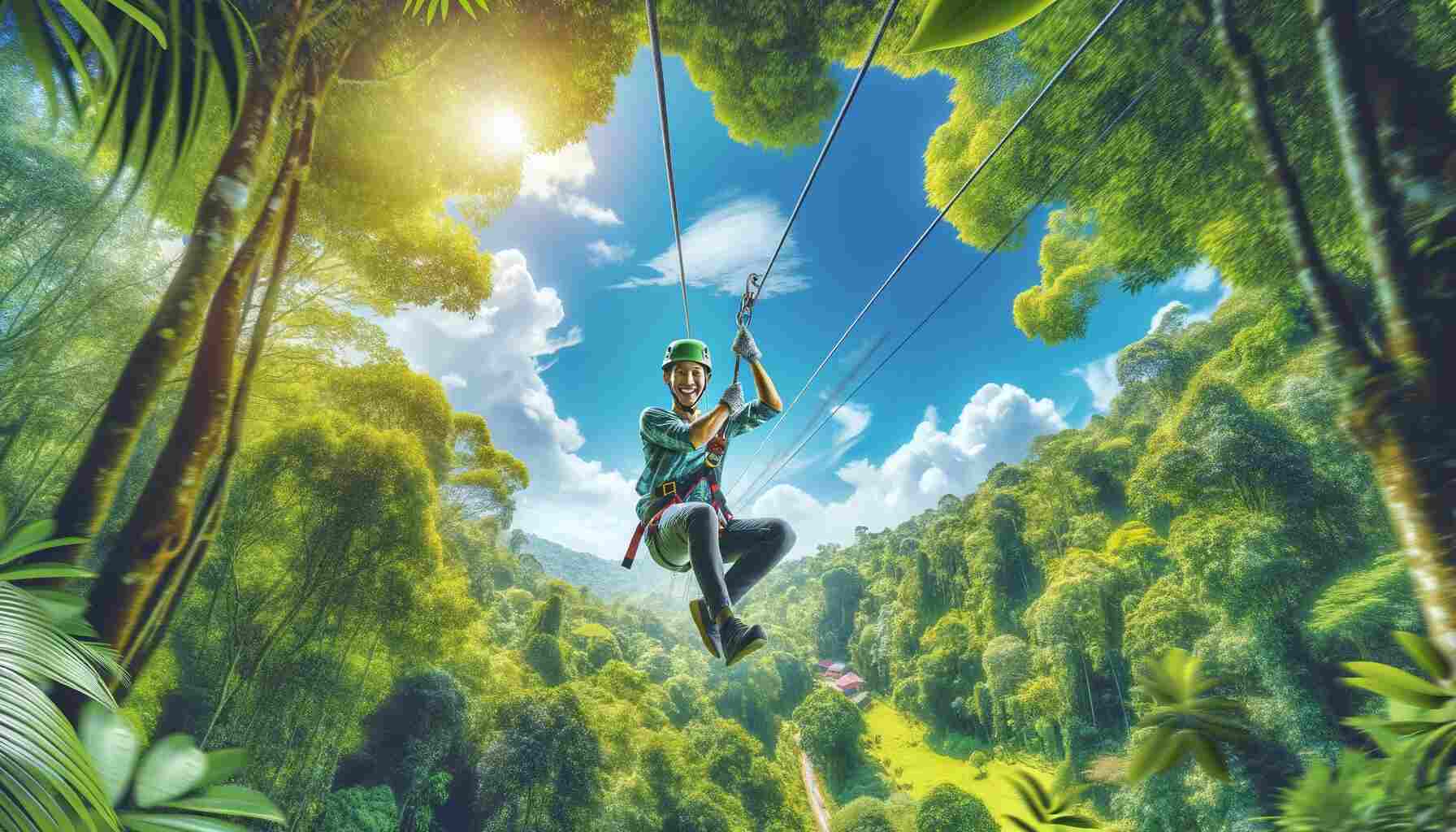 Person gliding through a lush forest canopy on a zipline, wearing a helmet and harness, smiling and looking excited, with vibrant green trees and a clear blue sky in the background.